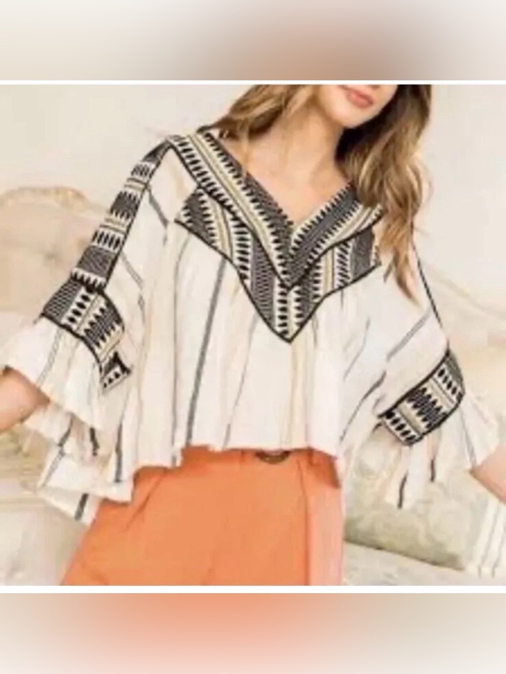 THML Size M Boho V-Neck Peasant Aztec Top in White Black & Gold Embroidery